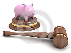 Piggy bank and a wooden legal auction gavel on white