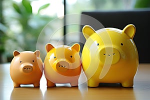 Piggy bank on wooden table in office. Saving money concept