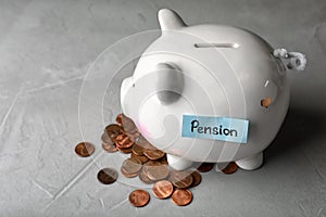 Piggy bank with word PENSION and coins