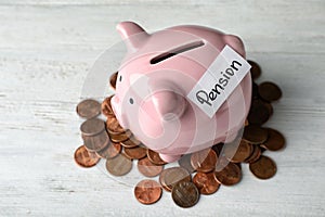 Piggy bank with word PENSION and coins