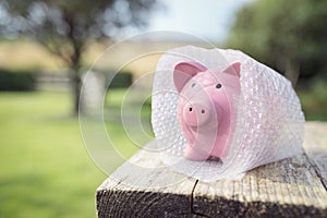 Piggy bank wrapped in bubble wrap, protecting your money