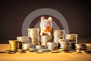 A piggy banking on money stack for saving money concept, Space of business planning ideas, insurance life in future.