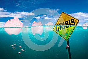 Piggy Banks Floating at Sea Concept of Financial Crisis