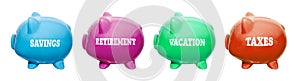 Piggy banks iwith labels SAVINGS, RETIREMENT, VACATION, TAXES