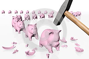 Piggy banks in queue under the hit of the hammer