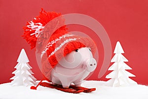 Piggy box with red hat with pompom standing on red ski and ski sticks on snow and around are snowbound trees on red background