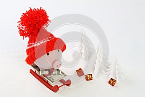 Piggy box with red hat with pompom standing on red sled with blanket from greenback hunderd dollars on snow and around are photo