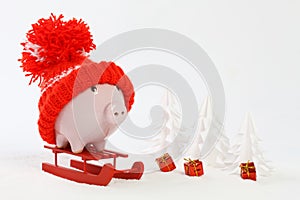 Piggy box with red hat with pompom standing on red sled on snow and around are snowbound trees and three gifts with gold bow