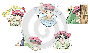 Piggy boy cartoon icon in various action set 2