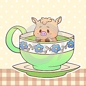 Piggy Cute little funny kawaii animal pet illustration in a tea coffee cup cartoon vector print illustration