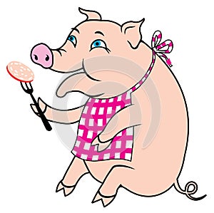 Piggy eats pork sausages