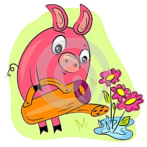 Piggy gardener watering flowers