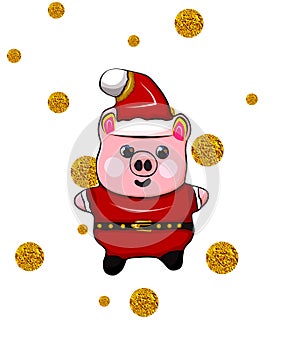 Piggy golden coins background. Piggy banking concept. Money falling from sky behind piggy figure.