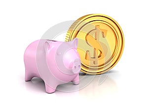 Piggy money bank with golden dollar coin on white