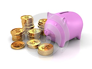 Piggy Money Bank With Piles Of Dollar Currency Golden Coins