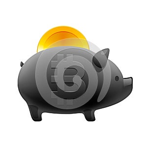 Piggy money box icon with falling bitcoin, conceptual image for worldwide cryptocurrency and digital payment system, vector illust