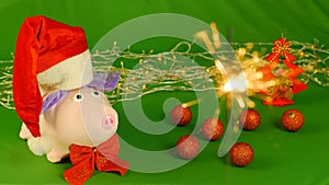 Piggy or mumps wearing Santa Claus`s hat, New year 2019 and christmas, sparkler on green Chroma key