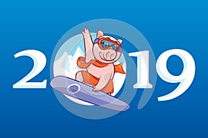 Piggy with orange scarf on snowboard vector illustration