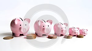 Piggy pink ceramic bank golden coin stack wealth concept photo. Financial economy success savings profit money