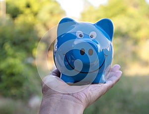 Piggy save money concept, piggy bank on nature background