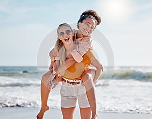 Piggyback, beach and couple of friends in portrait for lgbtq, lesbian or gay love, freedom on summer vacation. Blue sky