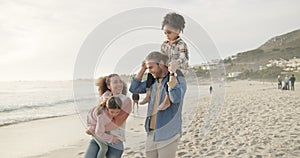 Piggyback, children and a blended family at the beach, walking on sand together for travel or vacation. Mother, father