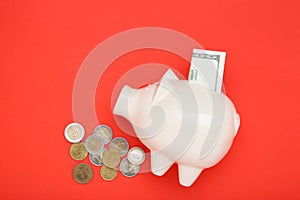Piggybank with coins and dollar banknote