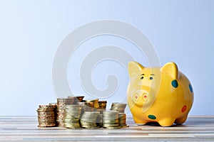 Piggybank and gold coins