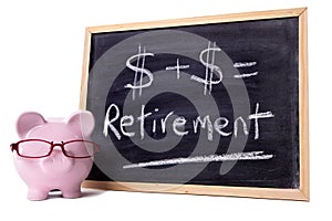 Piggybank with retirement calculation, pension fund growth planning concept