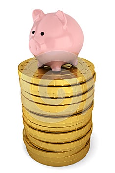 Piggybank on stack of golden coins