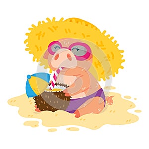 Piglet on the beach in a straw hat, sunglasses and a cocktail in a coconut. The pig is sitting on the sand. Cute vector
