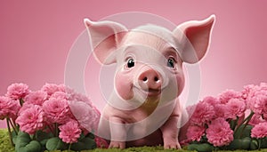 Piglet with Curious Gaze in Floral Scene