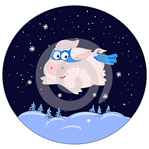 The Piglet is flying in a superhero costume. Winter night landscape. Snow-covered Christmas trees in the snow. Snowfall.