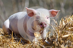 Piglet on hay and straw at pig breeding farm