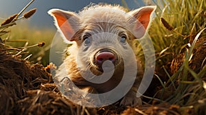 Piglet lying on green grass. Cute young pig is lying on the green grass in the yard. generative ai