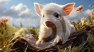 Piglet lying on green grass. Cute young pig is lying on the green grass in the yard. generative ai