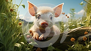 Piglet lying on green grass. Cute young pig is lying on the green grass in the yard. generative ai