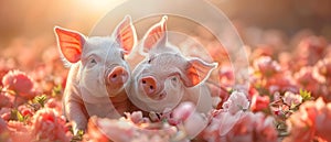 Piglet Pals\' Curiosity Blooms. Concept Animal Photography, Adorable Pigs, Nature Exploration,