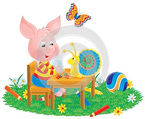 Piglet, snail and butterfly