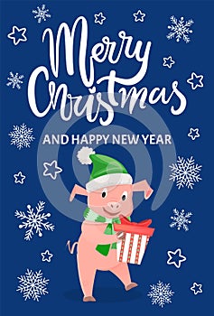 Piglet Symbol of New Year with Gift Box Isolated