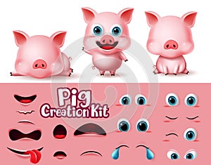 Pigs animal characters creator vector set. Pig animals character eyes and mouth editable create kit in cute facial expression.