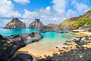 Pigs Bay beach (Baia dos Porcos) in Fernando de Noronha Island Brazil with Two Brothers Hill (Morro dois Irmaos)