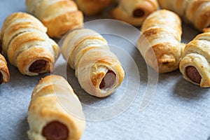 Pigs in a blanket - mini rolls with sausages wrapped in a puff pastry dough