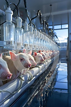 Pigs in cells in a row in modern farm standing next to each other. Electronic devices in farm.