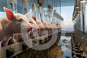 Pigs in cells in a row in modern farm standing next to each other. Electronic devices in farm.