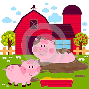 Pigs at the farm in a mud puddle. Vector illustration