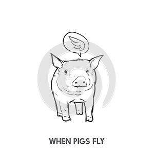 When pigs fly idiom hand drawn