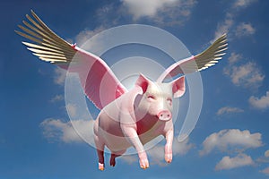 When pigs fly or pigs might fly idiom. Pig with wings. Generative AI.