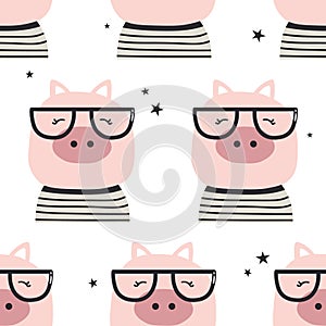 Pigs with glasses, seamless pattern