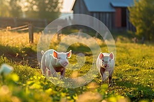 Pigs on a green meadow on a farm created with generative AI technology